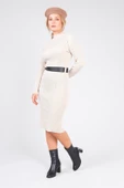 Kadın Yarım Balıkçı Kemerli Triko Elbise Bej - 3