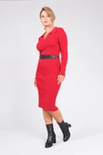 Kadın Polo Yaka Kemerli Triko Elbise Kırmızı - 4