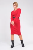 Kadın Polo Yaka Kemerli Triko Elbise Kırmızı - 1