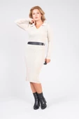 Kadın Polo Yaka Kemerli Triko Elbise Bej - 4