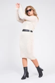 Kadın Polo Yaka Kemerli Triko Elbise Bej - 1