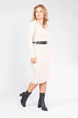 Kadın Polo Yaka Kemerli Triko Elbise Bej - 3