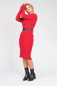 Kadın Polo Yaka Kemerli Triko Elbise Kırmızı - 5
