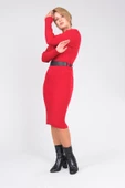 Kadın Polo Yaka Kemerli Triko Elbise Kırmızı - 3