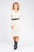Kadın Polo Yaka Kemerli Triko Elbise Bej - 5