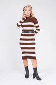 Kadın Kemerli Çizgili Triko Elbise Kahverengi - 2