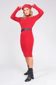 Kadın Yarım Balıkçı Kemerli Triko Elbise Kırmızı - 4