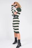 Kadın Kemerli Çizgili Triko Elbise Zümrüt - 2