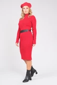 Kadın Yarım Balıkçı Kemerli Triko Elbise Kırmızı - 2