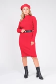 Kadın Yarım Balıkçı Kemerli Triko Elbise Kırmızı - 1