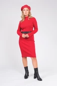 Kadın Yarım Balıkçı Kemerli Triko Elbise Kırmızı - 5