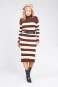 Kadın Kemerli Çizgili Triko Elbise Kahverengi - 3
