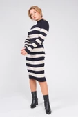 Kadın Kemerli Çizgili Triko Elbise Lacivert - 1