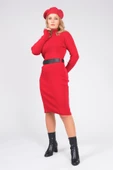 Kadın Yarım Balıkçı Kemerli Triko Elbise Kırmızı - 3