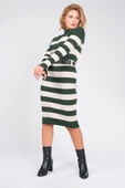 Kadın Kemerli Çizgili Triko Elbise Zümrüt - 5