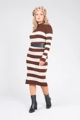 Kadın Kemerli Çizgili Triko Elbise Kahverengi - 5
