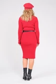 Kadın Yarım Balıkçı Kemerli Triko Elbise Kırmızı - 6