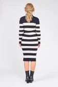 Kadın Kemerli Çizgili Triko Elbise Lacivert - 6