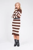 Kadın Kemerli Çizgili Triko Elbise Kahverengi - 4