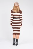 Kadın Kemerli Çizgili Triko Elbise Kahverengi - 6