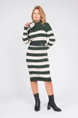 Kadın Kemerli Çizgili Triko Elbise Zümrüt - 1