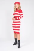 Kadın Kemerli Çizgili Triko Elbise Kırmızı - 3