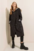 Kadın Bel Büzgülü Kapüşonlu Trençkot Siyah - 8