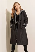 Kadın Bel Büzgülü Kapüşonlu Trençkot Siyah - 1