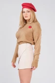 Kadın Çilek İşlemeli Dik Yaka Oversize Kazak Camel - 6