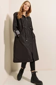 Kadın Bel Büzgülü Kapüşonlu Trençkot Siyah - 7