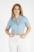Kadın Kısa Kol Crop Gömlek Mavi - 1