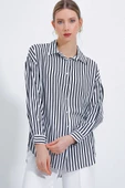 Kadın Çizgili Oversize Gömlek Siyah - 2