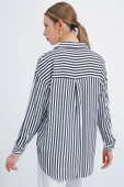 Kadın Çizgili Oversize Gömlek Siyah - 5