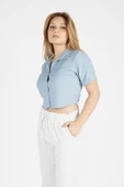 Kadın Kısa Kol Crop Gömlek Mavi - 2