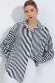 Kadın Çizgili Oversize Gömlek Siyah - 1