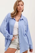 Kadın Tek Cepli Oversize Gömlek Mavi - 1