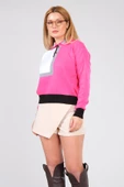 Kadın Polo Yaka Çift Renk Oversize Kazak Fuşya - 2