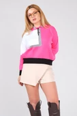 Kadın Polo Yaka Çift Renk Oversize Kazak Fuşya - 3