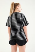 Kadın Çizgili Oversize T-Shirt Beyaz - 6