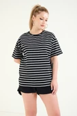 Kadın Çizgili Oversize T-Shirt Beyaz - 5