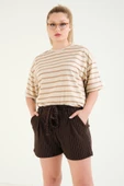 Kadın Çizgili Oversize T-Shirt Vizon - 4