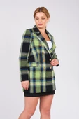 Kadın Metal Düğme Detay Ekose Desenli Ceket Yeşil - 5