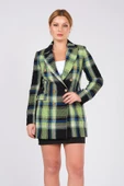 Kadın Metal Düğme Detay Ekose Desenli Ceket Yeşil - 3