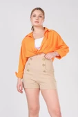 Kadın Düğme Detaylı Cepli Yüksek Bel Şort Açık Camel thumbnail 1