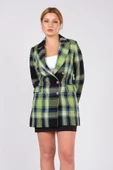 Kadın Metal Düğme Detay Ekose Desenli Ceket Yeşil - 4