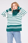 Kadın Dik Yaka Yarım Fermuarlı Çizgili Triko Kazak Zümrüt - 1
