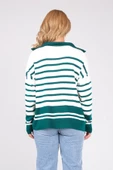 Kadın Dik Yaka Yarım Fermuarlı Çizgili Triko Kazak Zümrüt - 6
