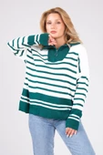 Kadın Dik Yaka Yarım Fermuarlı Çizgili Triko Kazak Zümrüt - 4