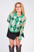Kadın Polo Yaka Baklava Desen Triko Hırka Yeşil - 4