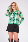 Kadın Polo Yaka Baklava Desen Triko Hırka Yeşil - 1